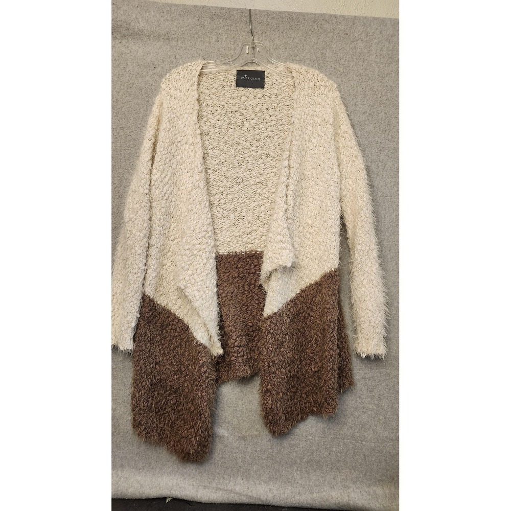 Paper Crane Cardigan Sweater‎ Womens S/M Brown Cream Fuzzy Open Front Drape FLAW